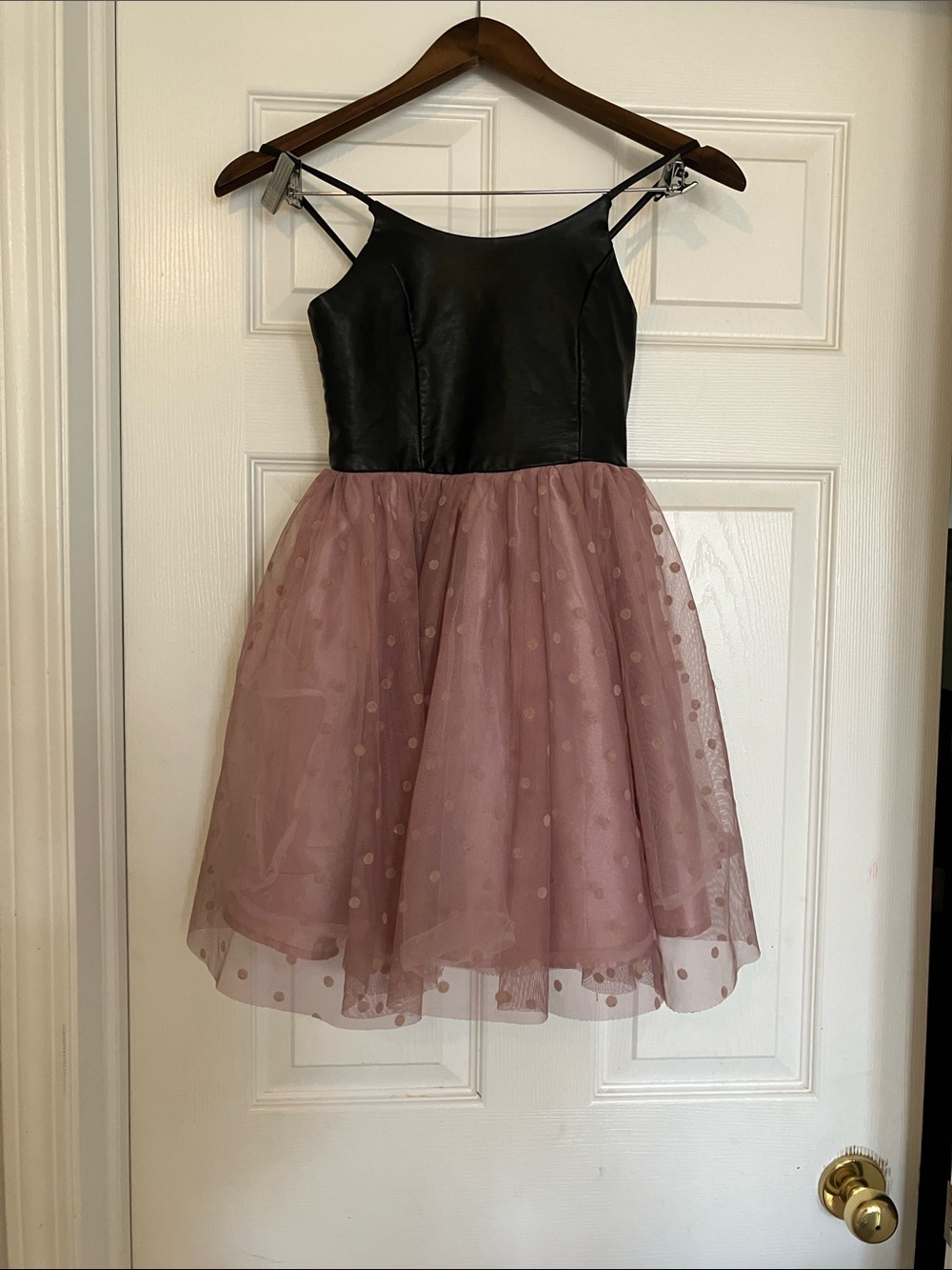 Zunie Black Faux-Leather Bodice Pink Polka Dot Tulle Party Dress